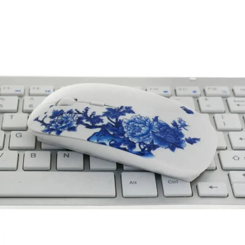 Wireless Blue White Flower Pattern Mouse Optical Mice 1600 DPI Wireless Mouse Portable Mobile Office USB Mouse