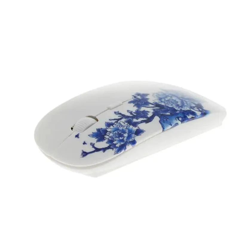 Wireless Blue White Flower Pattern Mouse Optical Mice 1600 DPI Wireless Mouse Portable Mobile Office USB Mouse