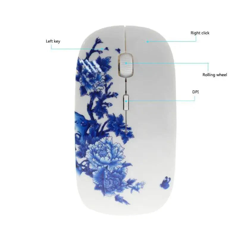 Wireless Blue White Flower Pattern Mouse Optical Mice 1600 DPI Wireless Mouse Portable Mobile Office USB Mouse