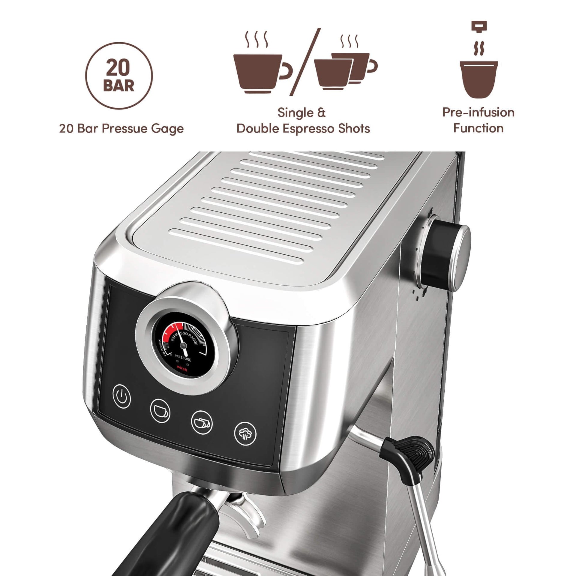 Wirsh 20 Bar Espresso Machine with Plastic Free Portafilter and Steamer, Pressure Gauge, Touch Screen, Full Stainless Steel (Home Barista Plus)