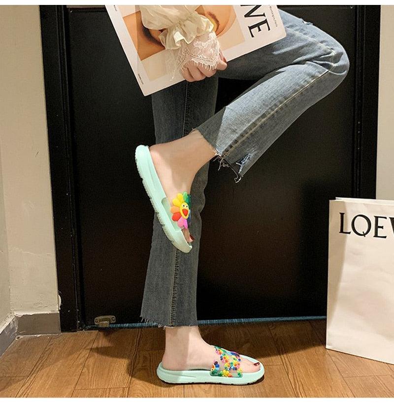 Women Beach Slippers Women's Rainbow Colors Woman Cute Flower Flat Shoes Footwear Ladies Slides Waterproof Summer Beach Slippers Slipper With Comfort Non Slip Sole Women’s Slim Flip Flop