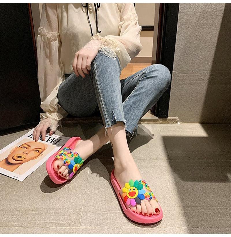 Women Beach Slippers Women's Rainbow Colors Woman Cute Flower Flat Shoes Footwear Ladies Slides Waterproof Summer Beach Slippers Slipper With Comfort Non Slip Sole Women’s Slim Flip Flop