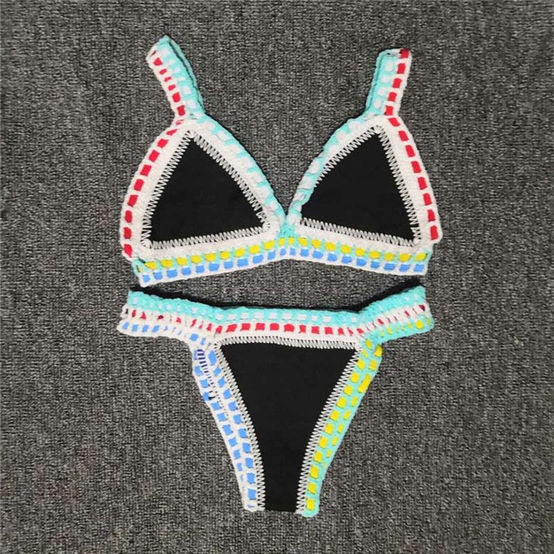 Women Bikini Set Swimwear Beachwear  Low Waist Handmade Knit Swimsuit Female Bathing Suit Swimming Suit Women's Halter Sliding Triangle Bikini Sets Charming Tie Side Bathing Suit