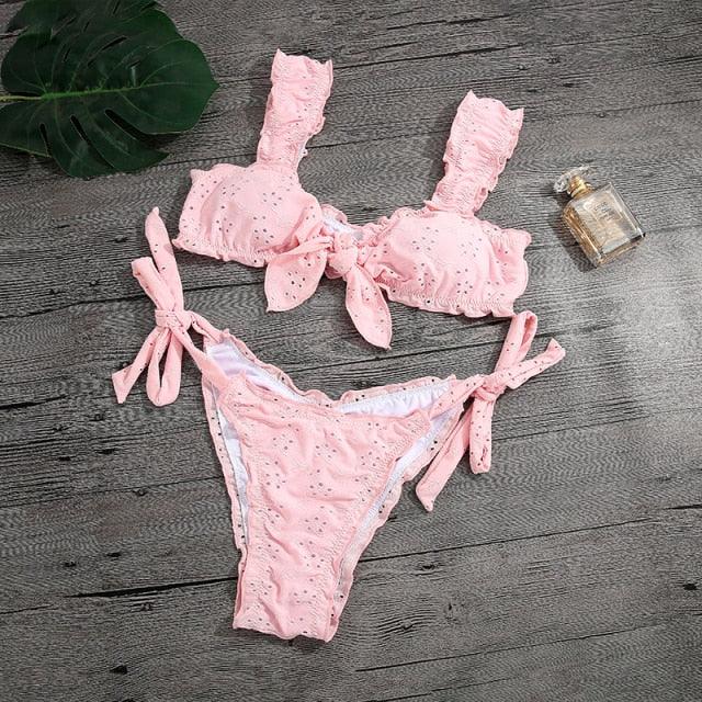 Women Bikini Sets Solid Color Ruffled Swimwear Bathing Suits 2 Piece Split Push Up Bandage Beachwear Women's Bikini Scoop Neck Straps Cutout Crop Top Lace Up Bottom Comfortable Two Piece Swimsuits