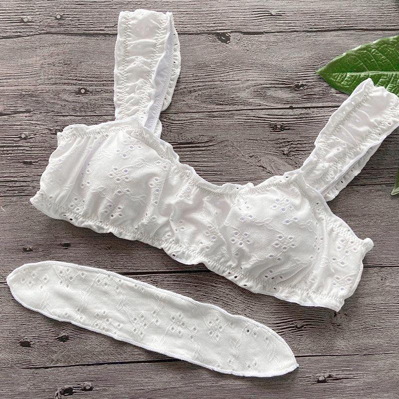 Women Bikini Sets Solid Color Ruffled Swimwear Bathing Suits 2 Piece Split Push Up Bandage Beachwear Women's Bikini Scoop Neck Straps Cutout Crop Top Lace Up Bottom Comfortable Two Piece Swimsuits