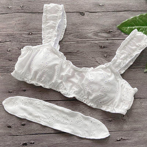 Women Bikini Sets Solid Color Ruffled Swimwear Bathing Suits 2 Piece Split Push Up Bandage Beachwear Women's Bikini Scoop Neck Straps Cutout Crop Top Lace Up Bottom Comfortable Two Piece Swimsuits