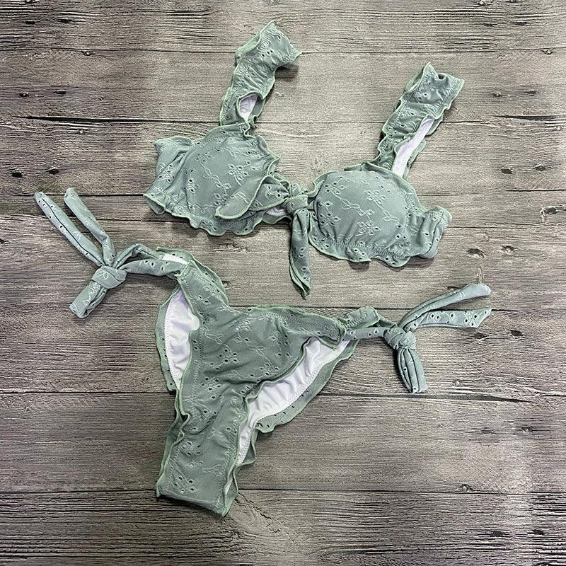 Women Bikini Sets Solid Color Ruffled Swimwear Bathing Suits 2 Piece Split Push Up Bandage Beachwear Women's Bikini Scoop Neck Straps Cutout Crop Top Lace Up Bottom Comfortable Two Piece Swimsuits