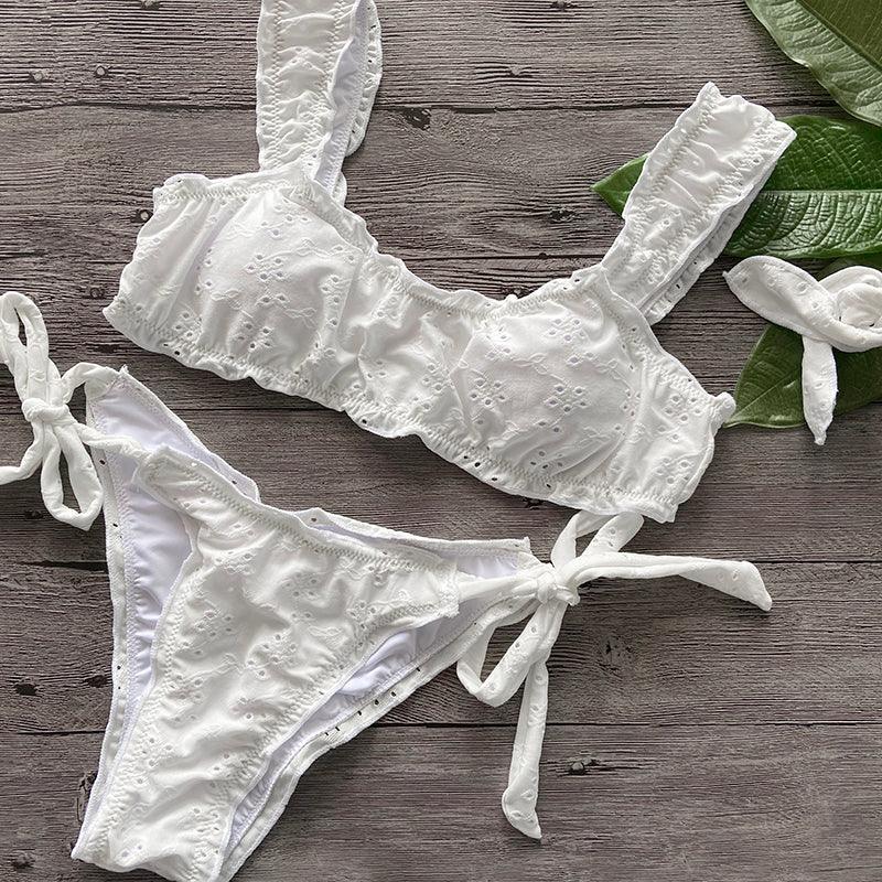 Women Bikini Sets Solid Color Ruffled Swimwear Bathing Suits 2 Piece Split Push Up Bandage Beachwear Women's Bikini Scoop Neck Straps Cutout Crop Top Lace Up Bottom Comfortable Two Piece Swimsuits