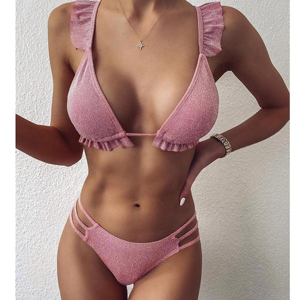 Women Bikini Sets Solid Color Ruffled Swimwear Bathing Suits 2 Piece Split Push Up Bandage Beachwear Women's Bikini Scoop Neck Straps Cutout Crop Top Lace Up Bottom Comfortable Two Piece Swimsuits