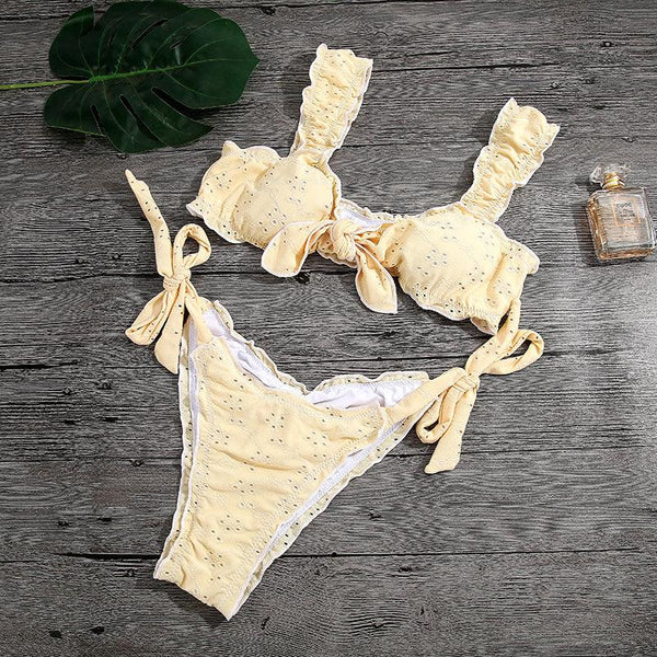 Women Bikini Sets Solid Color Ruffled Swimwear Bathing Suits 2 Piece Split Push Up Bandage Beachwear Women's Bikini Scoop Neck Straps Cutout Crop Top Lace Up Bottom Comfortable Two Piece Swimsuits