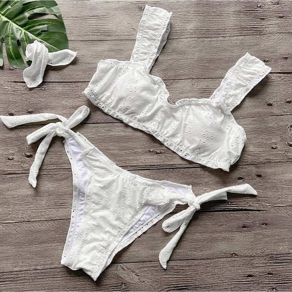 Women Bikini Sets Solid Color Ruffled Swimwear Bathing Suits 2 Piece Split Push Up Bandage Beachwear Women's Bikini Scoop Neck Straps Cutout Crop Top Lace Up Bottom Comfortable Two Piece Swimsuits