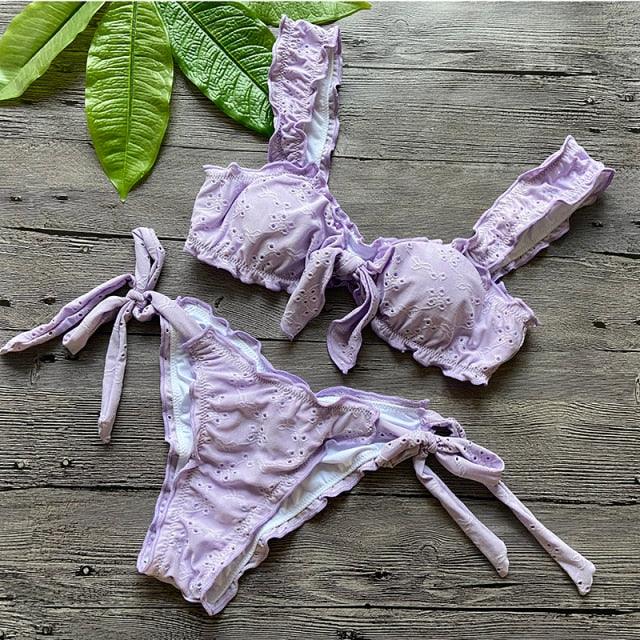 Women Bikini Sets Solid Color Ruffled Swimwear Bathing Suits 2 Piece Split Push Up Bandage Beachwear Women's Bikini Scoop Neck Straps Cutout Crop Top Lace Up Bottom Comfortable Two Piece Swimsuits