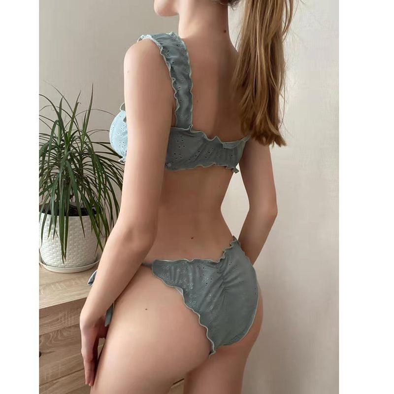 Women Bikini Sets Solid Color Ruffled Swimwear Bathing Suits 2 Piece Split Push Up Bandage Beachwear Women's Bikini Scoop Neck Straps Cutout Crop Top Lace Up Bottom Comfortable Two Piece Swimsuits