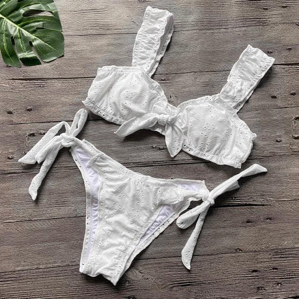 Women Bikini Sets Solid Color Ruffled Swimwear Bathing Suits 2 Piece Split Push Up Bandage Beachwear Women's Bikini Scoop Neck Straps Cutout Crop Top Lace Up Bottom Comfortable Two Piece Swimsuits