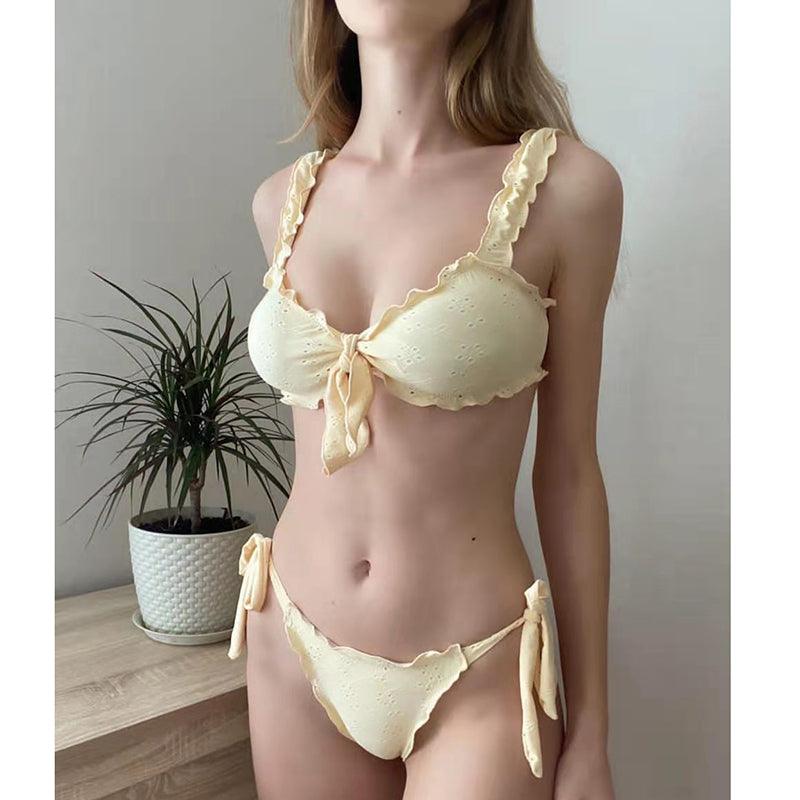Women Bikini Sets Solid Color Ruffled Swimwear Bathing Suits 2 Piece Split Push Up Bandage Beachwear Women's Bikini Scoop Neck Straps Cutout Crop Top Lace Up Bottom Comfortable Two Piece Swimsuits