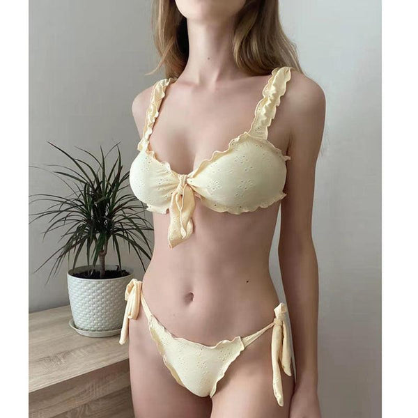 Women Bikini Sets Solid Color Ruffled Swimwear Bathing Suits 2 Piece Split Push Up Bandage Beachwear Women's Bikini Scoop Neck Straps Cutout Crop Top Lace Up Bottom Comfortable Two Piece Swimsuits