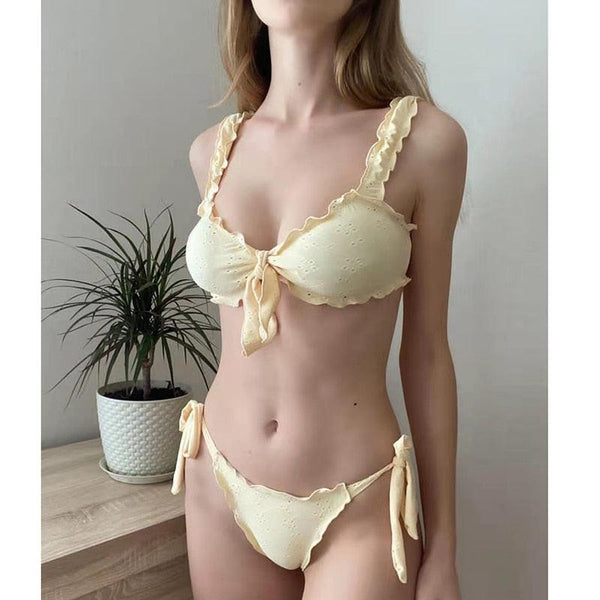 Women Bikini Sets Solid Color Ruffled Swimwear Bathing Suits 2 Piece Split Push Up Bandage Beachwear Women's Bikini Scoop Neck Straps Cutout Crop Top Lace Up Bottom Comfortable Two Piece Swimsuits