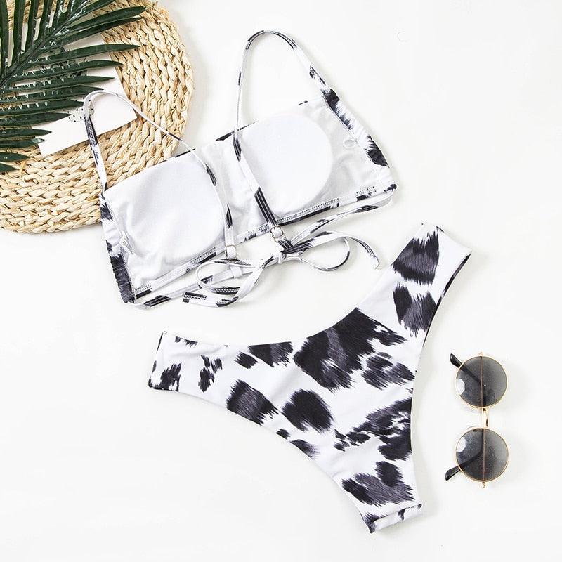 Women Lace Up Black Print Bikini Set Beach Swimsuit Women's Halter Self Bikini Set Padded Top Two Piece Swimsuit Summer Padded Bra Swim Panties  Bandage Vintage Bathing Suit