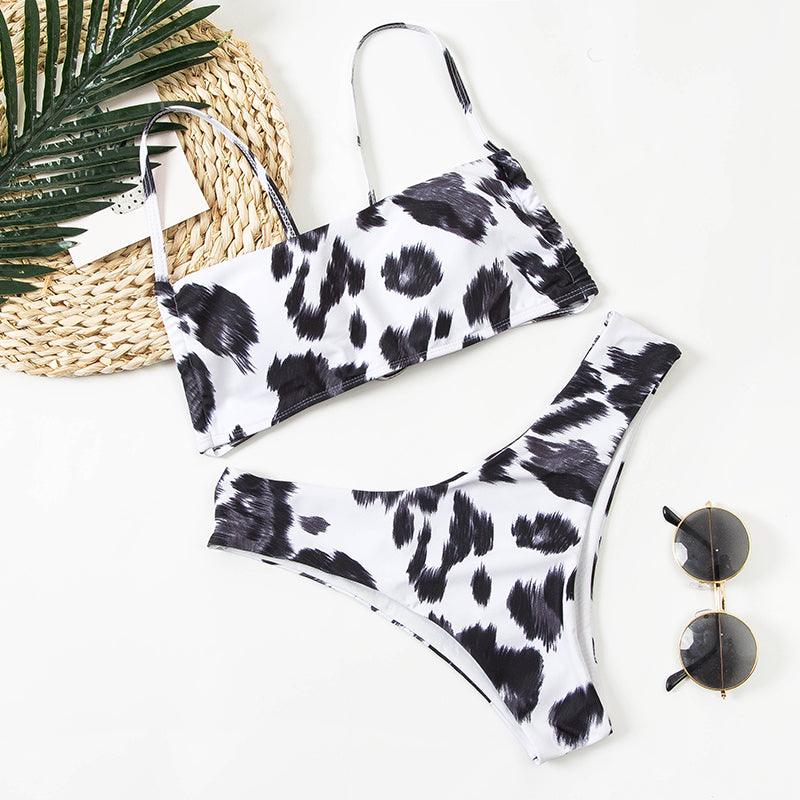 Women Lace Up Black Print Bikini Set Beach Swimsuit Women's Halter Self Bikini Set Padded Top Two Piece Swimsuit Summer Padded Bra Swim Panties  Bandage Vintage Bathing Suit
