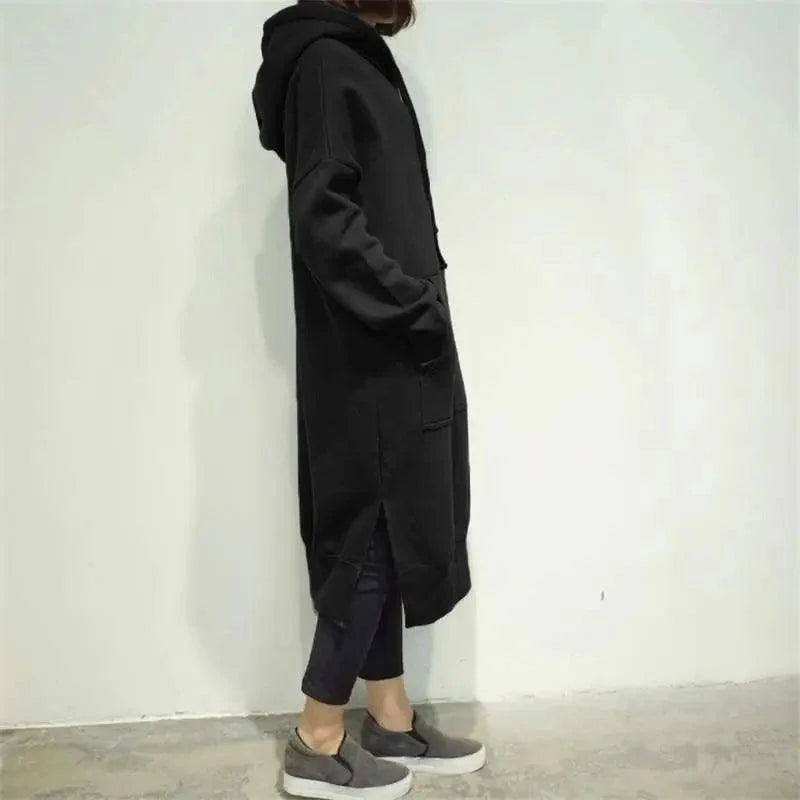 Women Loose Long Hoodie Casual Solid Color Hooded Sweatshirts Student's Autumn Winter Baggy Pullover Oversized Sweatshirt Dress