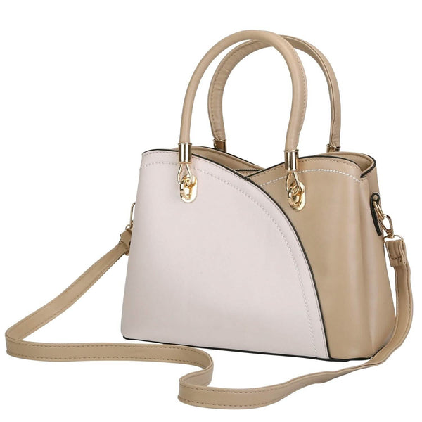 Women Medium Sized Leather Satchel Crossbody Bag with Stylish Stitching Detachable Strap