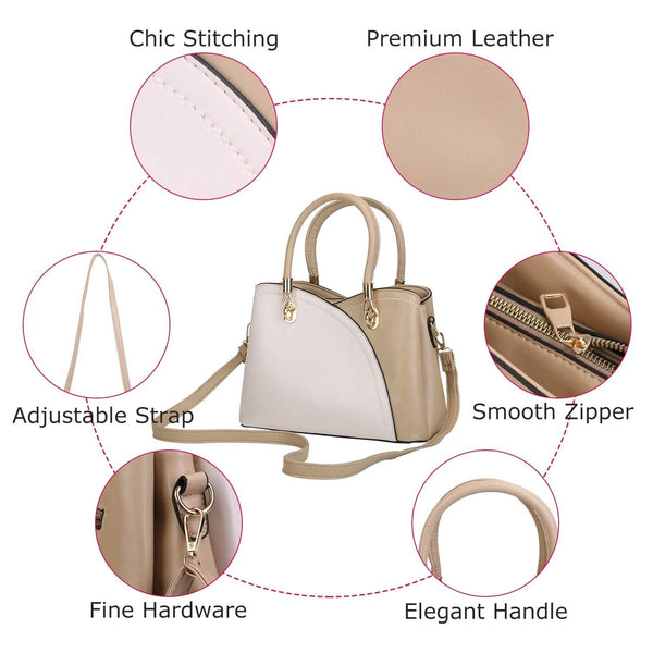 Women Medium Sized Leather Satchel Crossbody Bag with Stylish Stitching Detachable Strap