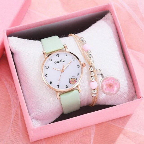 Women New Color Bear Fashion Student Quartz Watch Bracelet Combination Set Kids Girl Wrist Watch Bracelet Leather Rhinestone Luxury Design Simple Dress Women's Watches