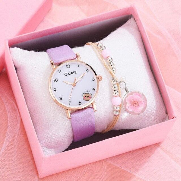 Women New Color Bear Fashion Student Quartz Watch Bracelet Combination Set Kids Girl Wrist Watch Bracelet Leather Rhinestone Luxury Design Simple Dress Women's Watches