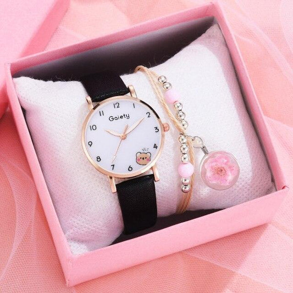 Women New Color Bear Fashion Student Quartz Watch Bracelet Combination Set Kids Girl Wrist Watch Bracelet Leather Rhinestone Luxury Design Simple Dress Women's Watches