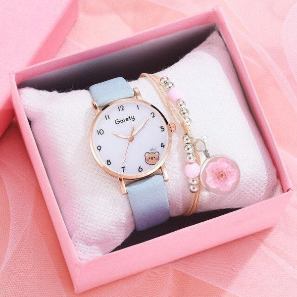 Women New Color Bear Fashion Student Quartz Watch Bracelet Combination Set Kids Girl Wrist Watch Bracelet Leather Rhinestone Luxury Design Simple Dress Women's Watches