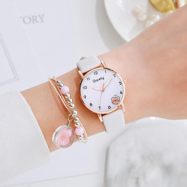 Women New Color Bear Fashion Student Quartz Watch Bracelet Combination Set Kids Girl Wrist Watch Bracelet Leather Rhinestone Luxury Design Simple Dress Women's Watches