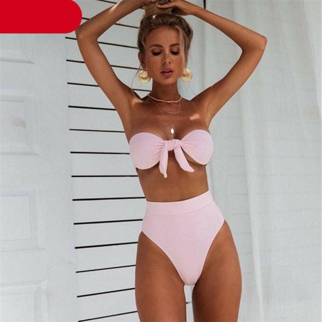 Women  Padded Push Up Strapless Swimsuit Women's Tie Knot Front High Waist Bandage 2PCS Bikini Sets Beachwear Bathing Suit Swimwear Bikini Set Adjustable Bikini Sets Two Piece Bathing Suit