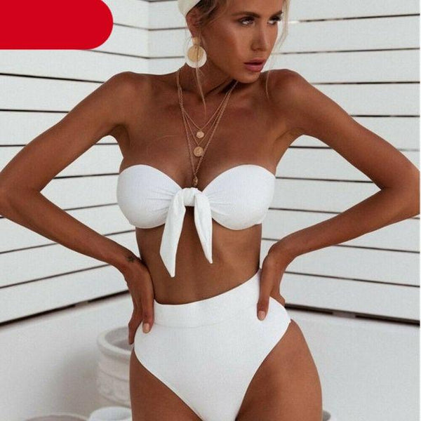 Women  Padded Push Up Strapless Swimsuit Women's Tie Knot Front High Waist Bandage 2PCS Bikini Sets Beachwear Bathing Suit Swimwear Bikini Set Adjustable Bikini Sets Two Piece Bathing Suit