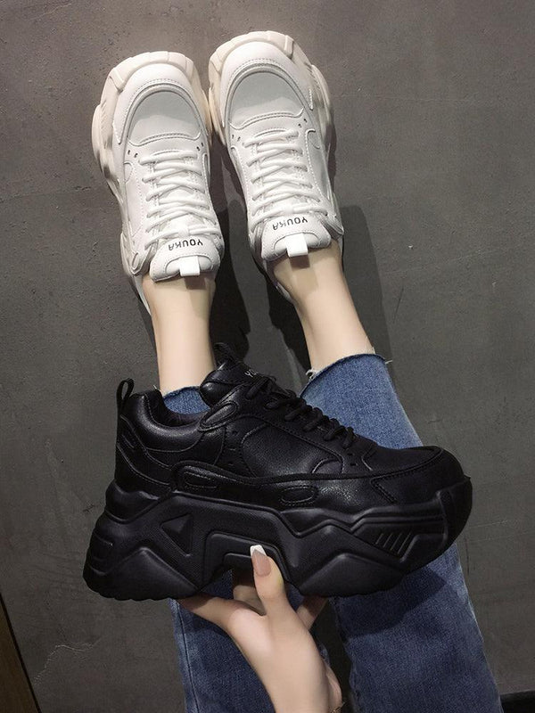Women Platform Sneakers Leather Casual Ladies Chunky Shoes Woman High Black Fashion Thick Soled Sports Walking Shoes Lace Up Platform Leather Trainers Sneakers