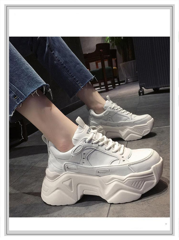 Women Platform Sneakers Leather Casual Ladies Chunky Shoes Woman High Black Fashion Thick Soled Sports Walking Shoes Lace Up Platform Leather Trainers Sneakers