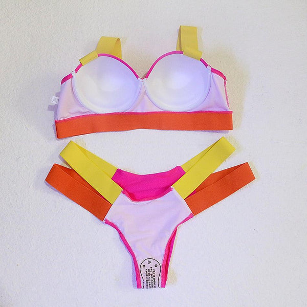 Women Push Up Bikini Women Neon Bandage Swimwear Women Patchwork Bikini Swimsuit 2 Piece  Cutout Molded Push Up Bathing Suit Ruffle Hook Closure Bikini Set Two Piece Bathing Suit