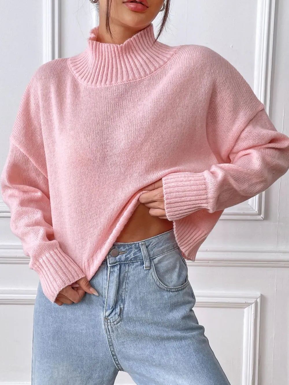Women's autumn and winter high neck pullover sweater solid color loose casual base sweater