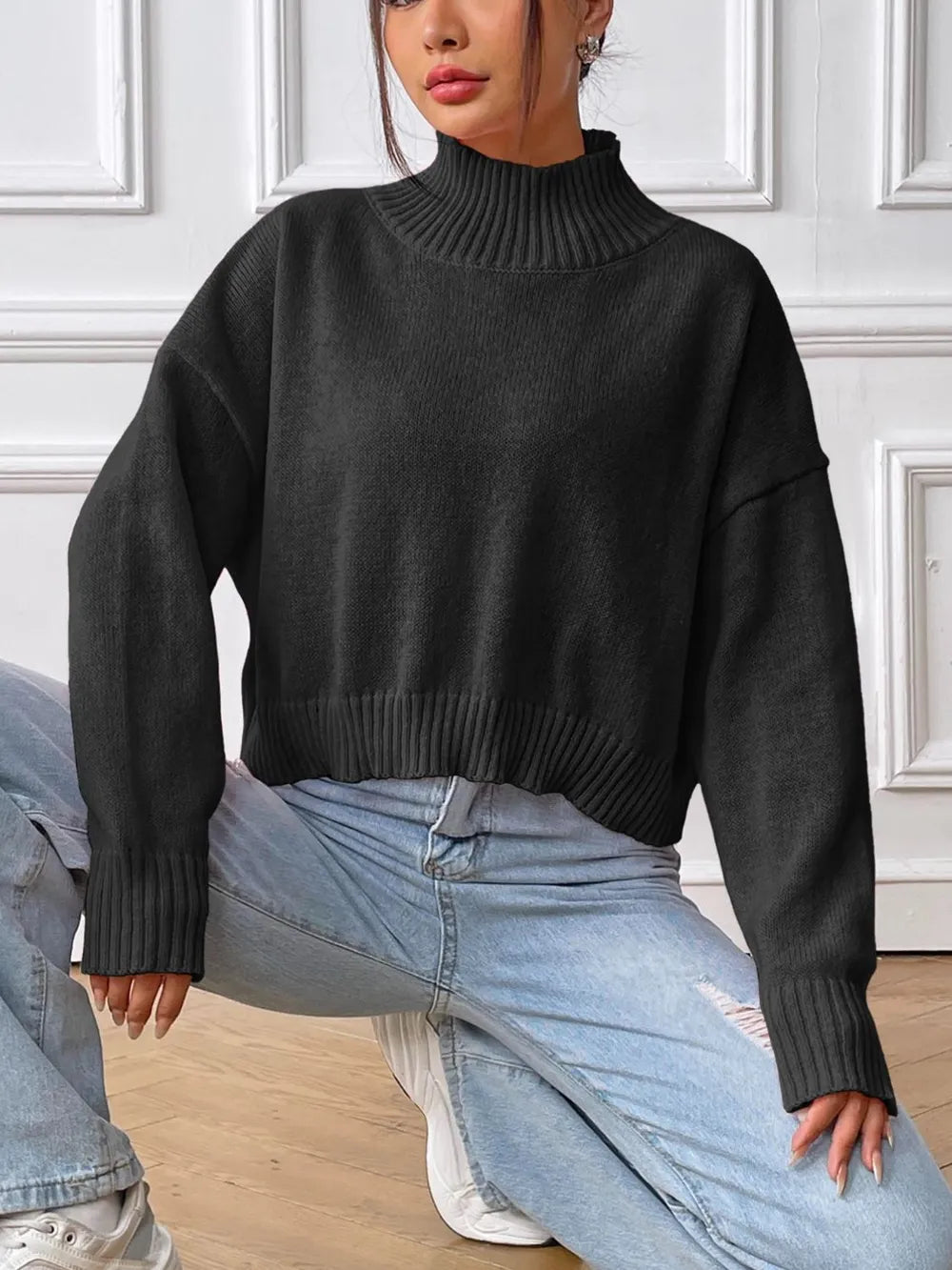 Women's autumn and winter high neck pullover sweater solid color loose casual base sweater