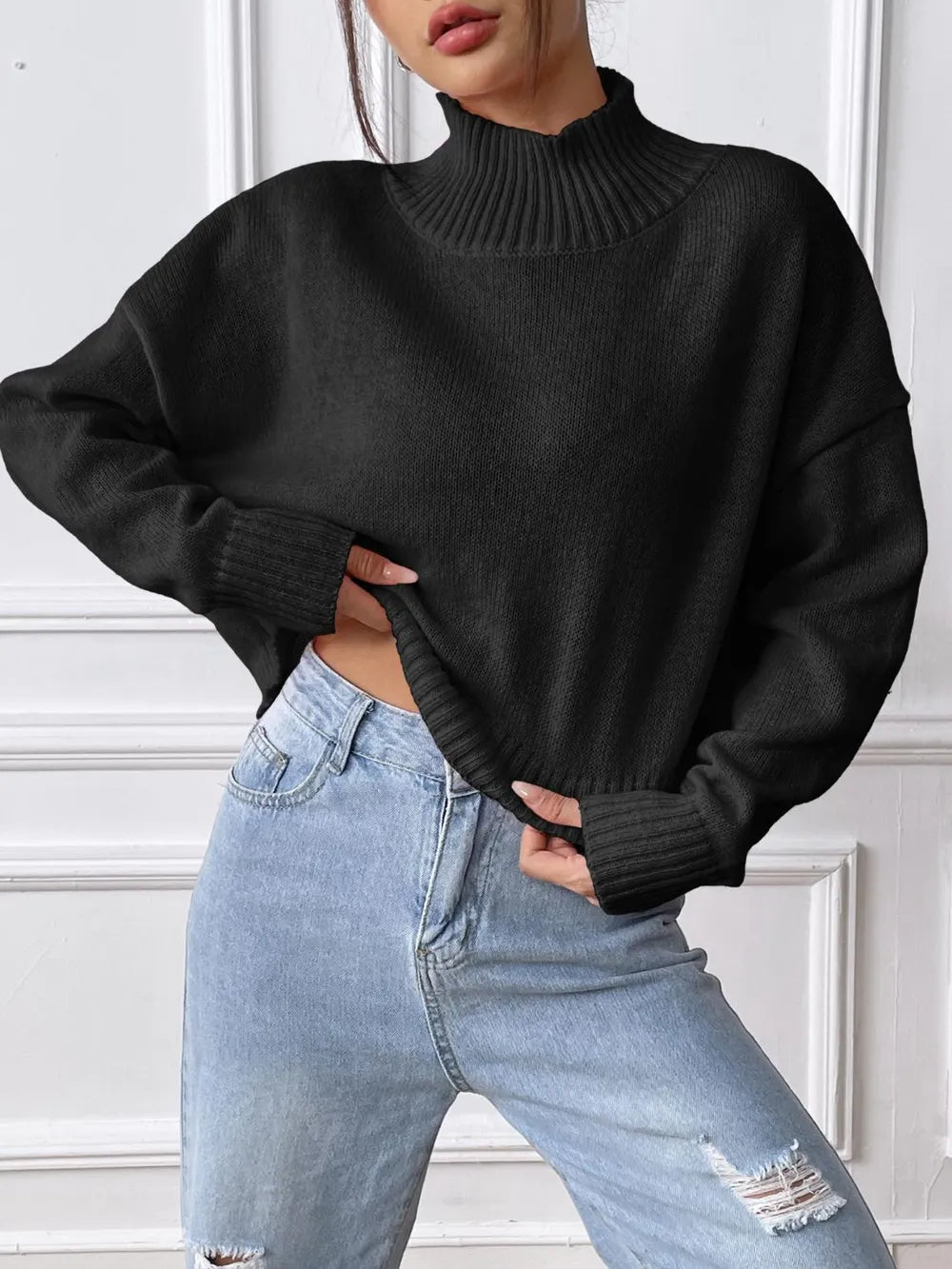 Women's autumn and winter high neck pullover sweater solid color loose casual base sweater