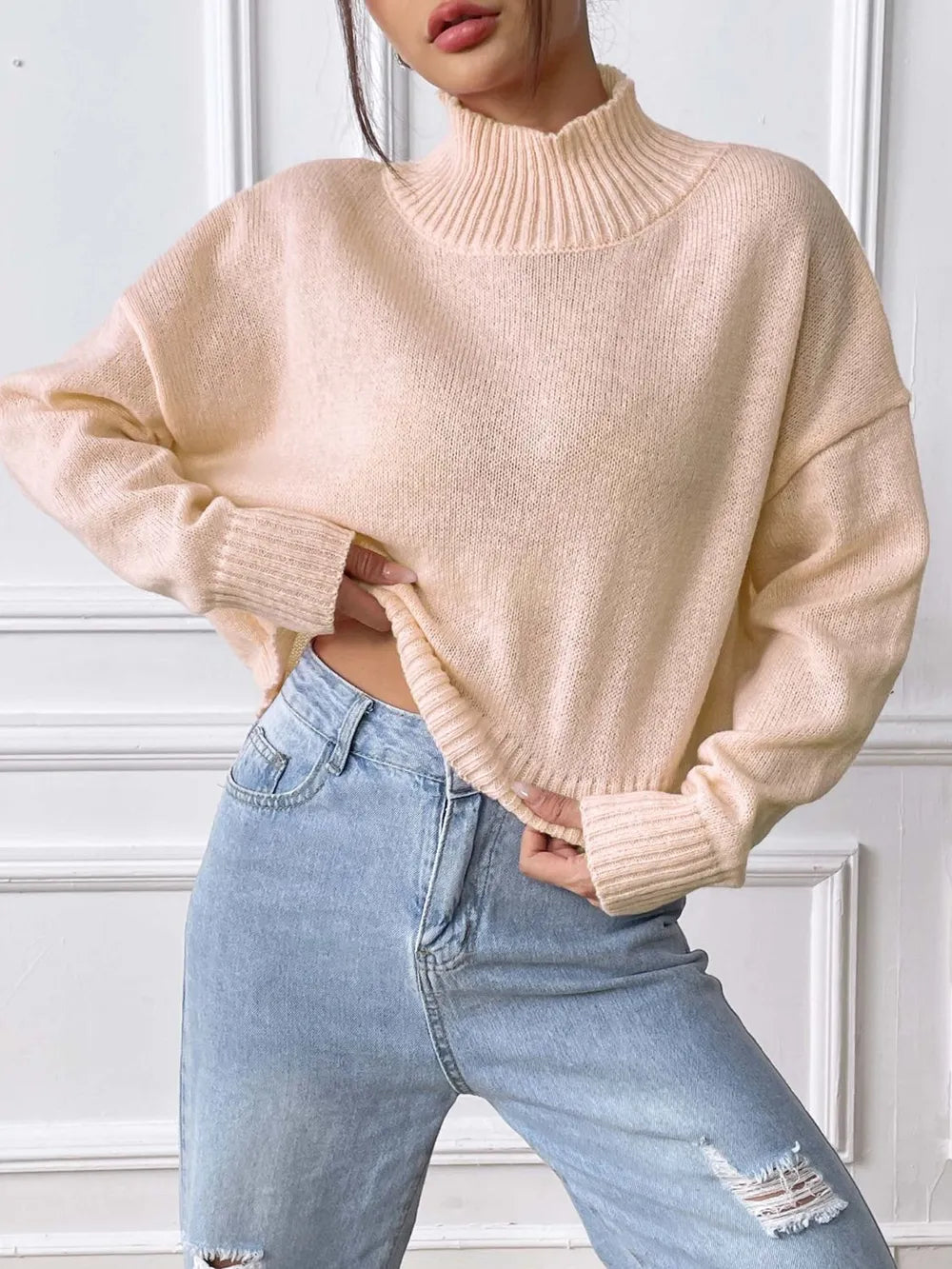 Women's autumn and winter high neck pullover sweater solid color loose casual base sweater