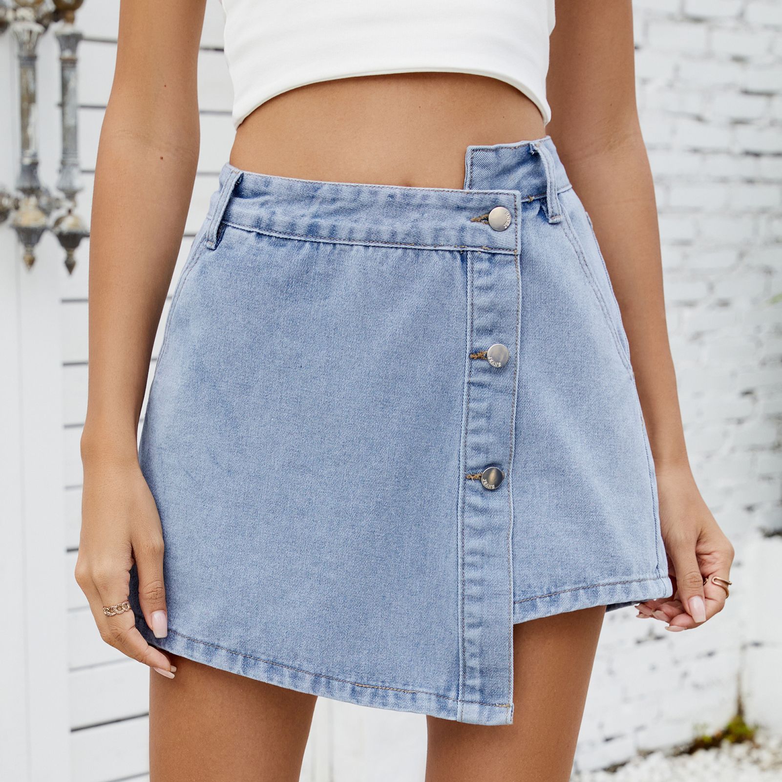 Women's button up irregular denim skirt pants