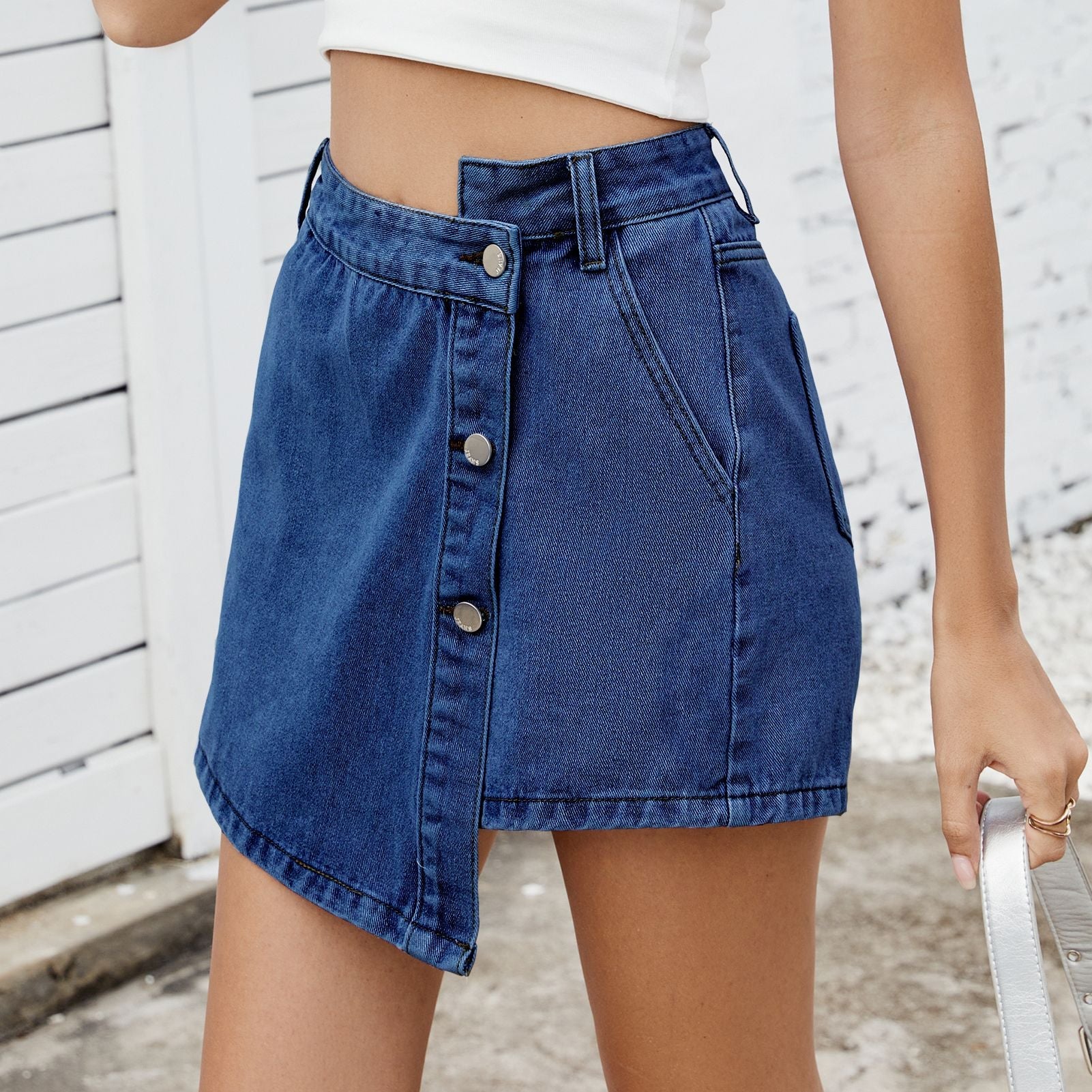 Women's button up irregular denim skirt pants