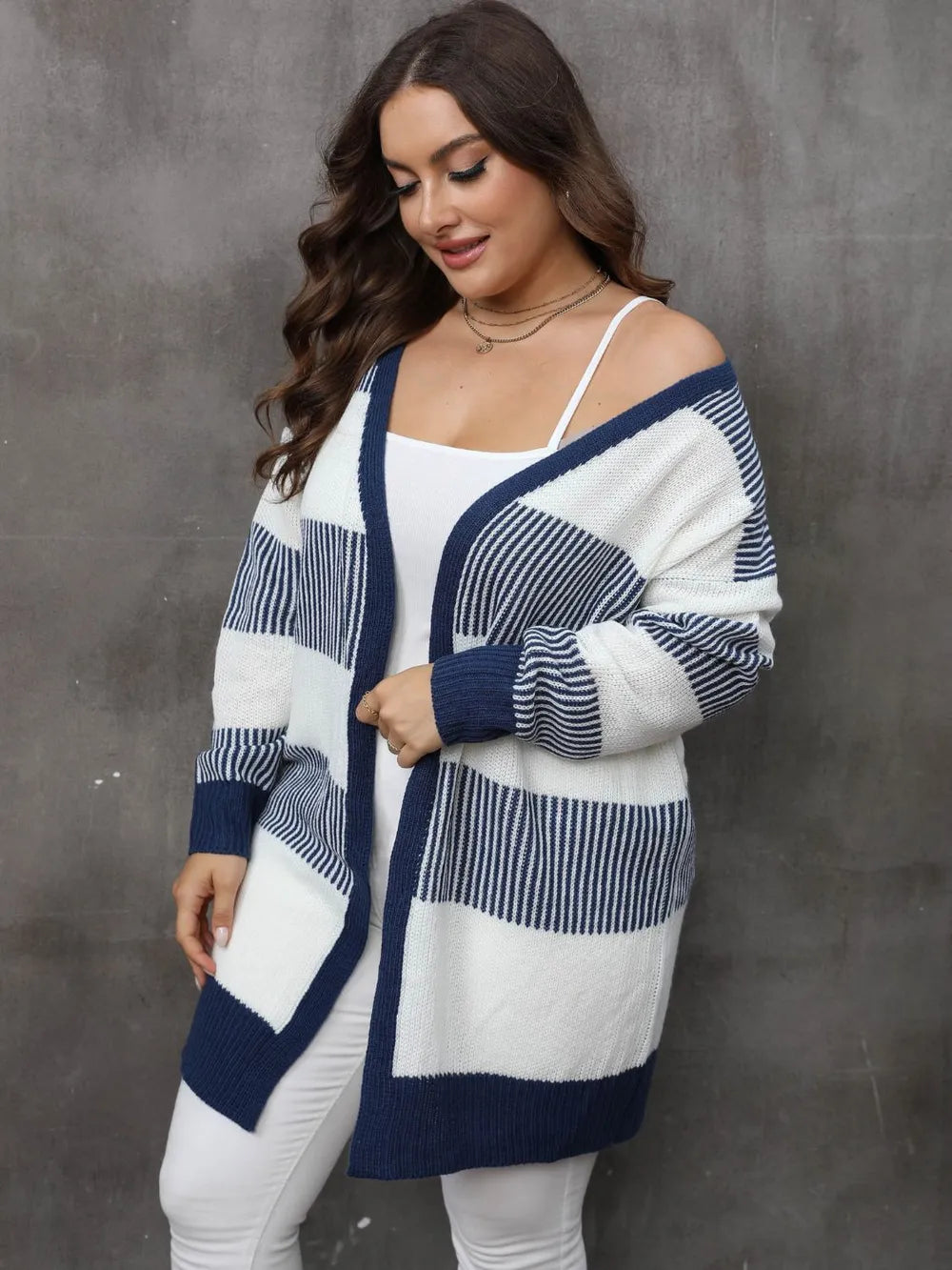 Women's contrasting striped spliced woven sweater long sleeved women's casual cardigan jacket