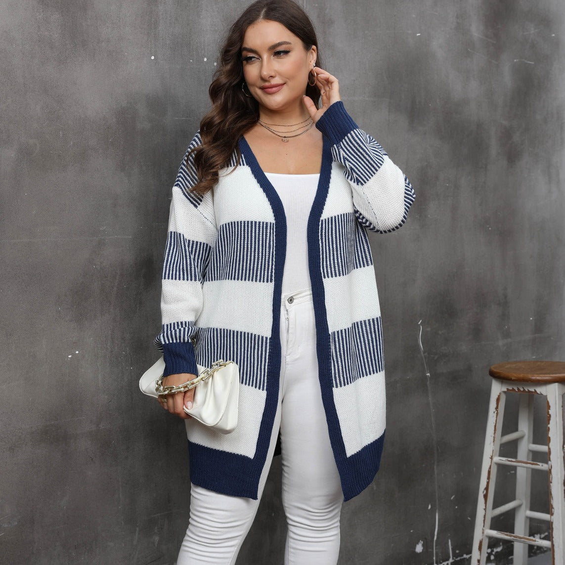 Women's contrasting striped spliced woven sweater long sleeved women's casual cardigan jacket