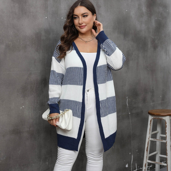 Women's contrasting striped spliced woven sweater long sleeved women's casual cardigan jacket
