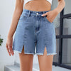 Women's denim shorts with frayed edges versatile split hot pants - Blue / S
