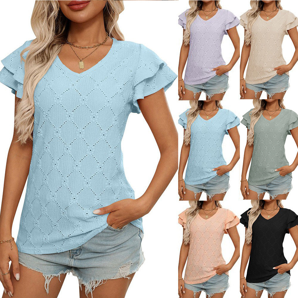 Women's European and American V-neck sweet short sleeved T-shirt hollowed out top