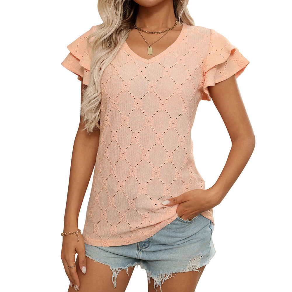 Women's European and American V-neck sweet short sleeved T-shirt hollowed out top