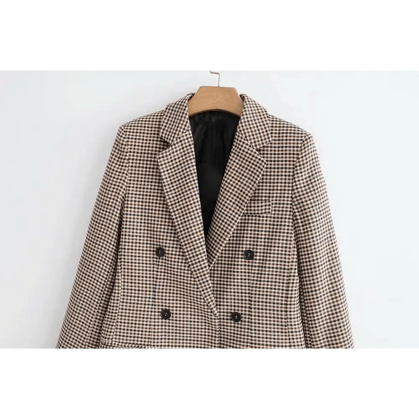 Women's Fashionable Office Wear Double Breasted Plaid Blazer Coat Vintage Long Sleeve Pockets Female Outerwear Chic Tops