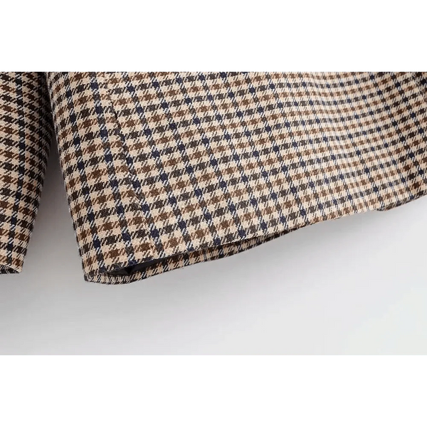 Women's Fashionable Office Wear Double Breasted Plaid Blazer Coat Vintage Long Sleeve Pockets Female Outerwear Chic Tops